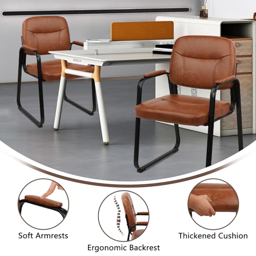 CLATINA Waiting Reception Chairs No Wheel, Leather Guest Chair with Padded Arms, Modern Brown Office Desk Chairs with Sled Base for Office Meeting Conference Room Lobby Home Living Room (4 Pack) CLATINA