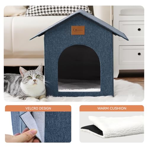 Outdoor Cat House, Outdoor Cat Shelter Feral Cat, Outside Waterproof Cat House for Outdoor/Indoor Cats, Insulated Cat House for Winter with Cozy Cushion, Easy to Assemble, Navy Blue Siedihit