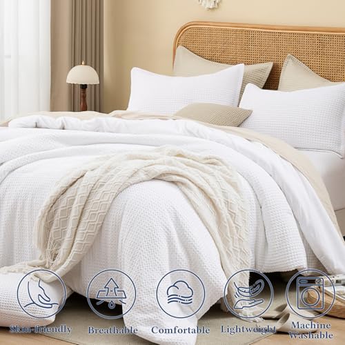 David's Home Waffle Weave Comforter Set 2PCS Twin Size, Soft Breathable Lightweight Cozy Skin-Friendly Warm for All Season, Elegant Aesthetic Home Decor Bedding Set with Pillow Shams, White David's Home