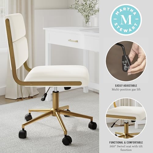 Martha Stewart Lulu Swivel Task Chair with Height Adjustable Seat for Home Office in Off White Faux Leather with Polished Brass Frame Martha Stewart