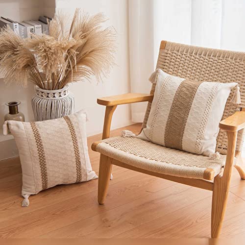 DUKYMIK Woven Farmhouse Accent Decorative Throw Pillow Covers for Couch Sofa - 18 x 18 Inch Decorative Boho Neutral Pillow Cushion with Tassels for Living Room, Natural Beige, Single Stripe DUKYMIK