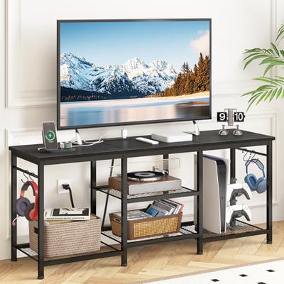 YGEOMER TV Stand for 55 Inch TV, Entertainment Center with Power Outlet and Open Storage Shelves, TV Console Table for Living Room and Bedroom, Black