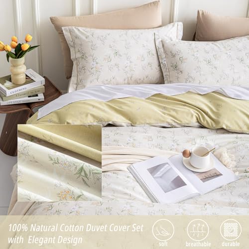 LEMIROE Vintage 100% Cotton Duvet Cover King Size 3PC - Delicate White & Golden Flowers on Beige, Textured Dusty Yellow Back, Botanical Luxurious Bedding Sets with Button Closure (King, 104"×90") LEMIROE