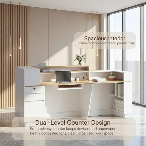 ZIMASYA 86.6" Modern Front Desk Reception Counter,Commercial Reception Room Tables with Built-in Outlets,Combination Lock Drawers, LED Lights for Office Beauty Salon Retail Store,White