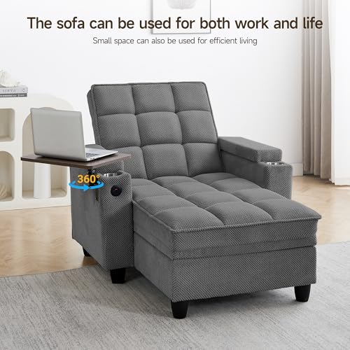 Oversized Recliner Chair with Swivel Tray Table, Modern Tufted Linen Fabric Single Sofa with Cup Holders & USB Port, 660 LBS Heavy Duty Reclining Chair for Living Room, Home Theater & Bedroom (41.7'')