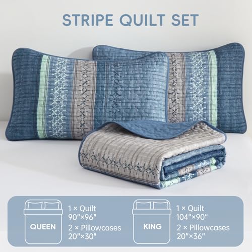 Menghomeus Blue Quilt Set King Size, 3 Pieces Striped Patchwork Quilted Bedding Sets, Soft Lightweight King Bedspreads Coverlets Bedding Set for All Seasons 104"x90" Menghomeus