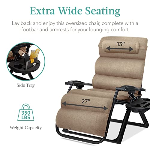 Best Choice Products Oversized Zero Gravity Chair, Folding Outdoor Patio Recliner, XL Anti Gravity Lounger w/Removable Cushion, Cup Holder, Side Tray, 350lb Capacity - Wheat Best Choice Products