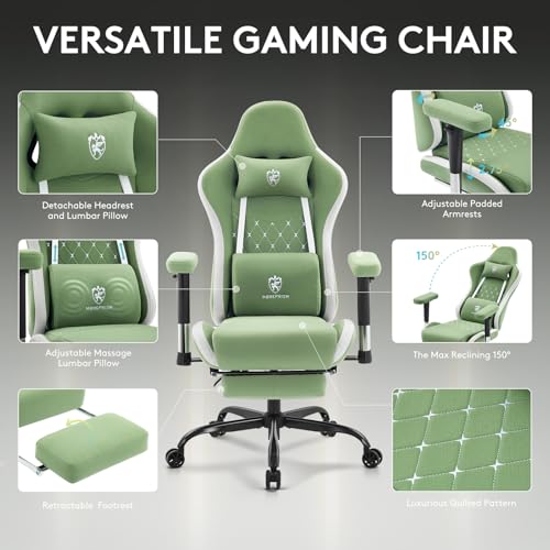 Morkprism Gaming Chair Breathable Fabric,Computer Office Chair with Footrest,Massage Lumbar Support and Gel Pad,Ergonomic Reclining Gamer Chair with Adjustable Armrests and Spring Cushion Green Morkprism
