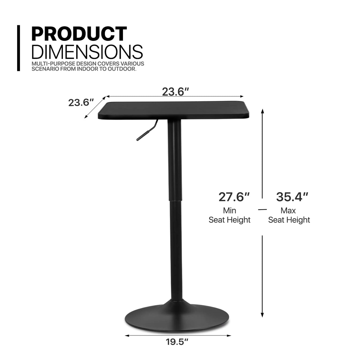 MoNiBloom Square Bar Table Kitchen Dining Table High Top Table for Home Balcony Indoor Outdoor Bistro Table 27.5"- 36" Height-Adjustable Cocktail Table, Black MoNiBloom