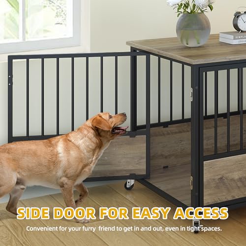 DWVO Dog Crate Furniture with Wheels, 43 Inch Dog Kennel Indoor Furniture End Table Dog Crate for Dogs, Farmhouse Decorative Wooden Dog Cage Table with Double-Doors, Chew-Resistant, Greige DWVO