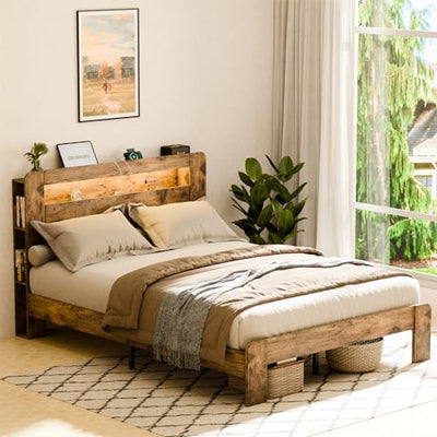 Zevemomo Full Size Bed Frame with LED Lights & Charging Station - Rustic Brown