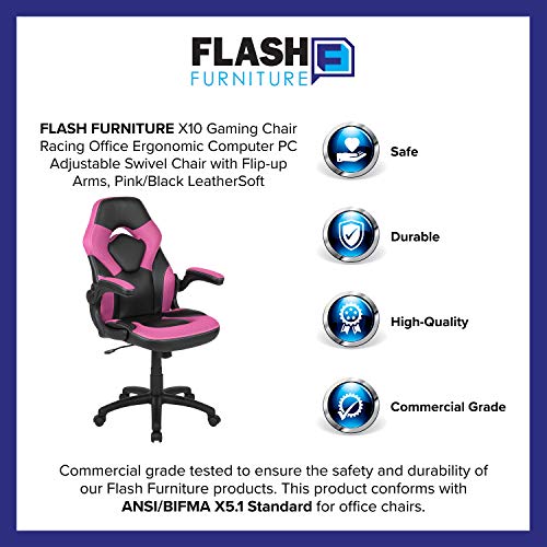 Flash Furniture X10 High-Back LeatherSoft Racing Style Gaming Chair with Flip-Up Arms, Ergonomic Padded Swivel Computer Chair, Pink/Black Flash Furniture