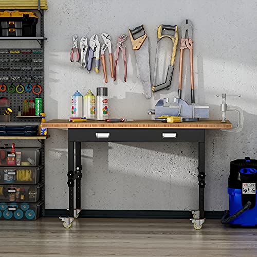 HOMCOM 59" Work Bench with Drawer, Height Adjustable Legs, Bamboo Tabletop Workstation Tool Table on Wheels for Garage, Weight Capacity 1320 Lbs, HOMCOM