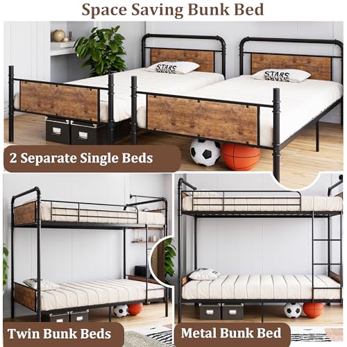 Garvee Industrial Twin Over Twin Bunk Bed, Convertible to 2 Separate Single Beds, Sturdy Metal Bunk Bed, Detachable Ladder & High Safety Guardrails for Safety, Space-Saving Design Garvee