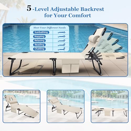 Ahsuname 3-in-1 Sun Tanning Chair with Face Holes, Folding Chaise Lounge Chairs, 5-Position Adjustable Lounge Chair Outdoor with 2 Side Pocket & Pillow, for Pool Beach, Patio, Camping, Beige