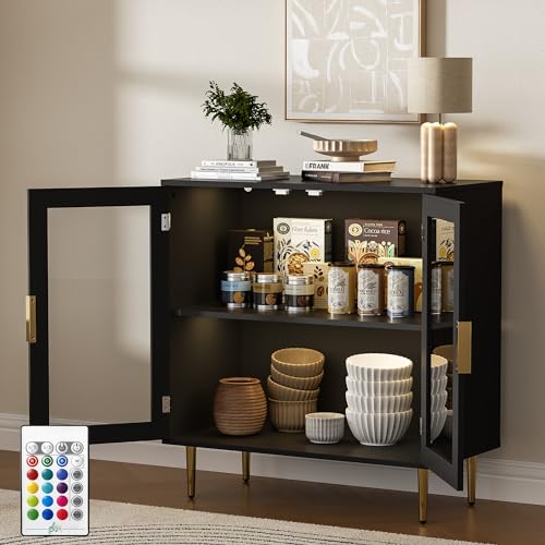 Housoul Sideboard Buffet Cabinet with 4 Doors, Modern Sideboard Cabinet with LED Lights, Bar Cabine with Adjustable Shelf, Coffee Bar Storage Cabinet with Golden Handles for Kitchen, Black Housoul