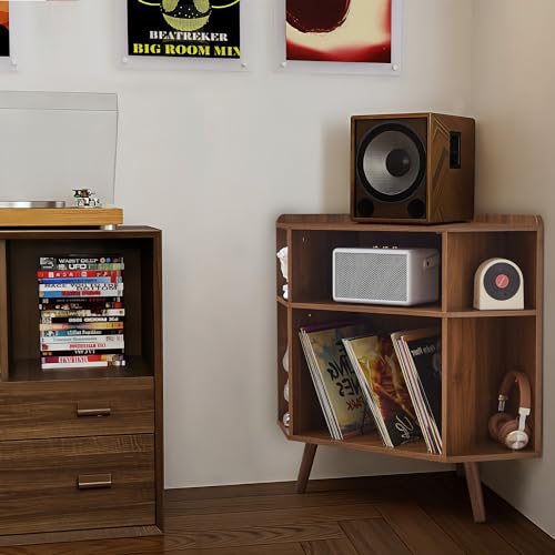 MAHYIZYI Corner Record Player Stand with Charging Station & USB Ports, 3 Tier Mid Century Modern Vinyl Record Storage Cabinet, Wood Turntable Stand for Music Room, Living Room, Small Space (Walnut) MAHYIZYI