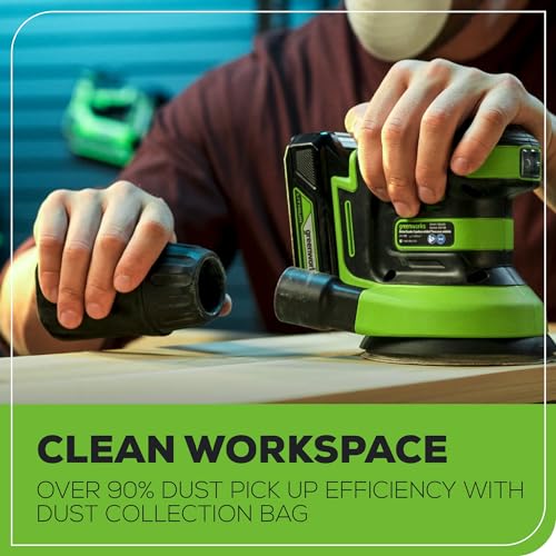 Greenworks 24V Cordless Orbital Sander, 5" Random Sanders Variable Speed, 11000 OPM, 3 Sandpaper Sheets, with 2Ah Battery and Charger Greenworks