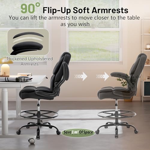 500LBS Drafting Chair, High Back Safer Standing Desk Chair, Executive Tall Office Chair with Flip-up Armrests, Upholstered PU Leather Task Chair, Ergonomic Seat with Adjustable Height&Foot Ring, Black Sofetura