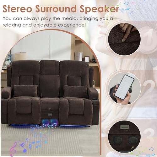 TUNYI Wall Hugger Loveseat Recliner Sofa with Console, Power Reclining Loveseat RV Couch with Massage & Heat/USB/Outlet/Storage/LED Light/Speaker (Brown)