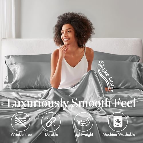 Madison Park Satin Sheets Split King Size, Luxurious Silky Bed Sheets, Elastic 14" Pocket fits up to 16" Mattress, Wrinkle-Free, Soft Satin Bed Sheet Set, Grey 7 Piece Madison Park