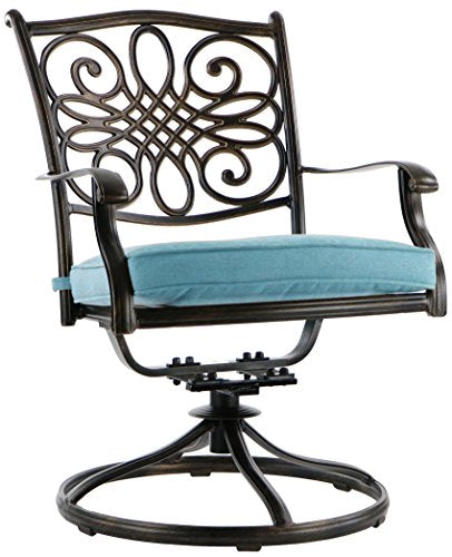 Hanover Traditions 5-Piece Rust Resistant Aluminum Patio Dining Set with Blue Cushions, Swivel Rockers and Aluminum Round Dining Table, Outdoor Dining Set for 4 Hanover