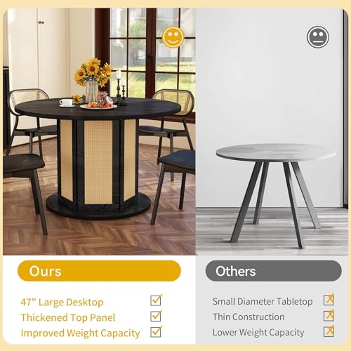 DWVO Round Dining Table for 4-6 People, 47 Inch Farmhouse Kitchen Table with Rattan Circular Base, Wooden Dinner Table for Dining Room Family Gathering, Black DWVO