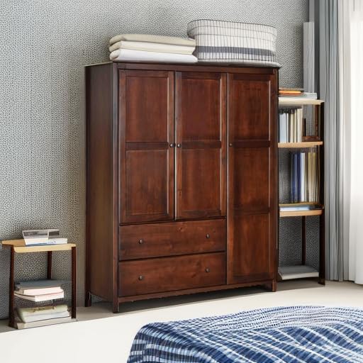 Grain Wood Furniture Shaker 3-Door Wardrobe, Solid Wood with Cherry Finish Grain Wood Furniture