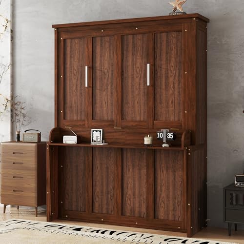 MaiDeHaoo Queen Size Wood Murphy Bed, Farmhouse Wall Bed Frame with Desk and Gas Struts, Space-Saving Murphy Cabinet Bed for Guest Room Home Office, Apartment, Walnut