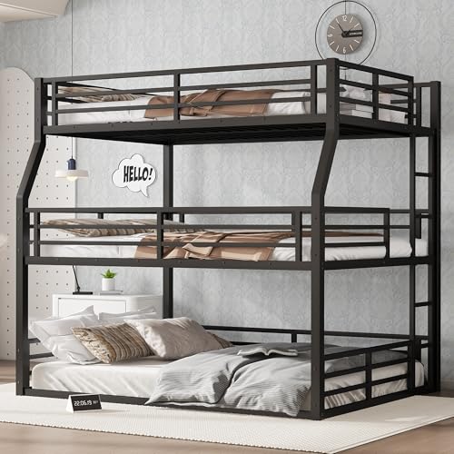 Bellemave Metal Triple Bunk Bed with Full-Length Guardrails, Full XL Over Queen Over Queen Bunk Bed for 3, Noise-Reduced, Metal Black Bellemave