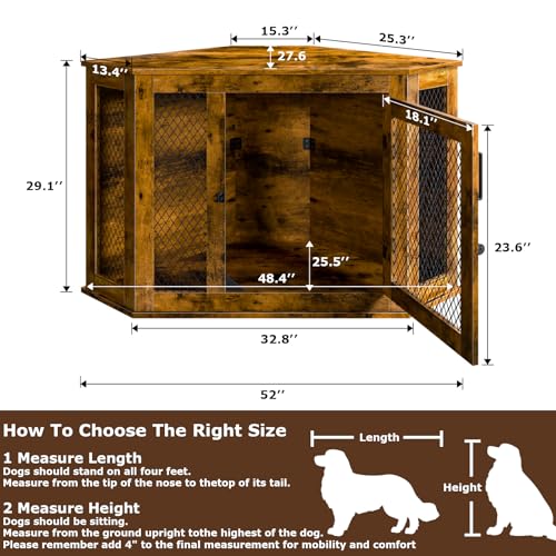 VENDORZ Corner Dog Crate Furniture, 52" Wooden Dog Kennel Furniture End Table with Mesh, Dog Kennel Indoor Furniture for Small Medium Large Dogs, Modern Decorative Wood Pet House Dog Cage Crate, Brown VENDORZ