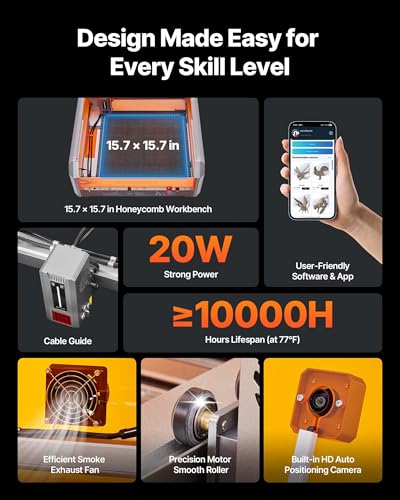 VEVOR Laser Engraver, 20W, Laser Engraving and Cutting Machine with Enclosure Camera, Laser Cutter, 15.7 x 15.7 in Working Area, 30000 mm/min, for Wood, Leather, Glass, Paper, Certain Metal, Class 1 VEVOR