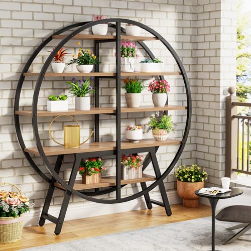 Tribesigns 67-Inch Industrial Round Etagere Bookshelf - 5-Tier Oak and Metal Display Stand Tribesigns