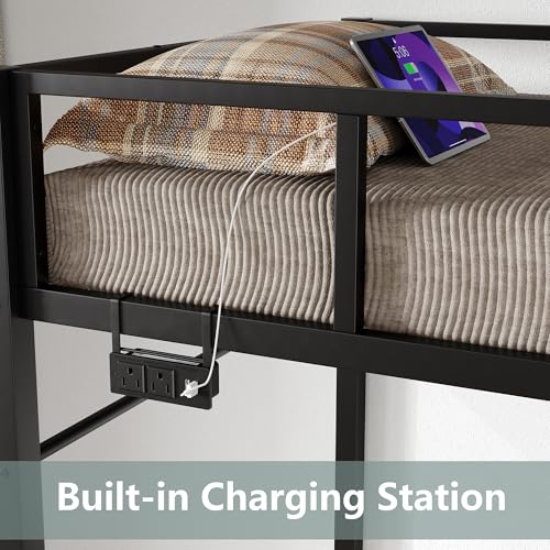 Furniouse Twin Loft Bed with Storage Stairs and Wardrobe, Heavy Duty Loft Bed, RGB LED Bed with USB Port, Outlets and Adjustable Furniouse