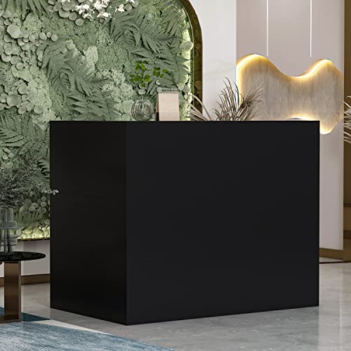 Homsee Reception Desk L-Shaped Office Desk with Counter, 1 Door Storage Cabinet, 1 Lockable Drawer, Hutch Shelf and Keyboard Tray, Black Homsee