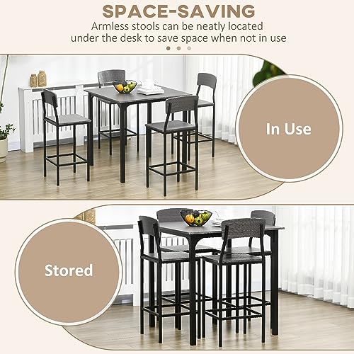 HOMCOM 5-Piece Counter Height Bar Table with Space-Saving Design, Square Kitchen Table and Chairs Set with Footrest, Metal Legs, Industrial Dining Table Set for 4, Gray HOMCOM