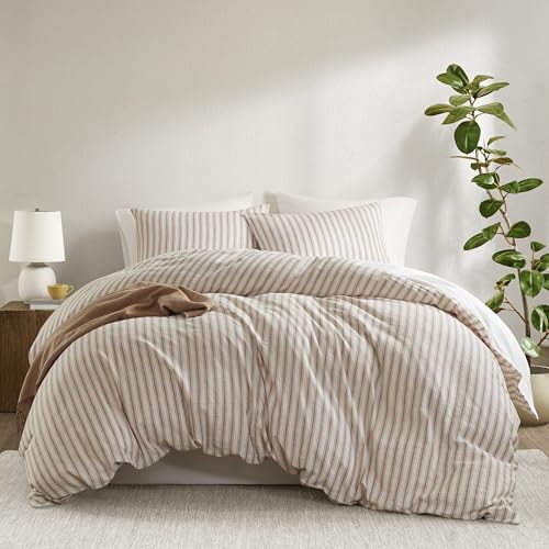 Madison Park Duvet Cover Set for Hot Sleepers - Linen Cotton Rayon Blend, King Size 3 Piece Set with Shams - Lightweight & Breathable Bedding, Terracotta Striped Design Madison Park