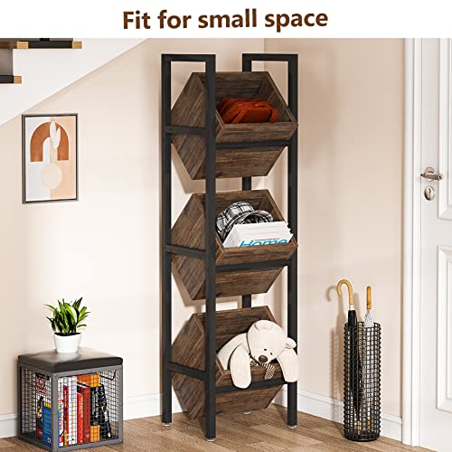 LITTLE TREE 3-Tier Basket Stand, Wooden Floor Stand Shelving Unit, Rustic Standing Organizer Storage Rack for Kitchen, Bathroom, Living Room LITTLE TREE