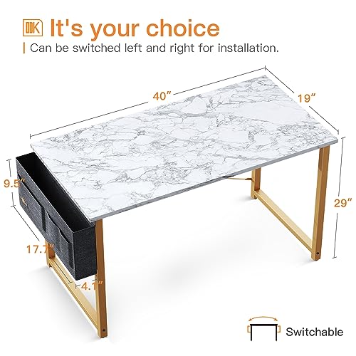 ODK Study Computer Desk 40 inch Home Office Writing Small Desk, Modern Simple Style PC Table with Storage Bag and Headphone Hook, White Marble + Gold Leg ODK