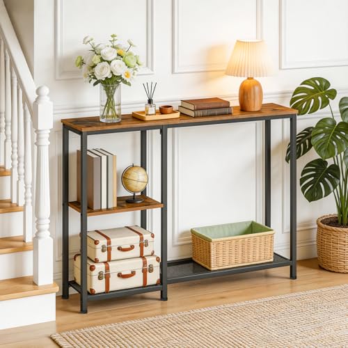 HOOBRO Narrow Console Table, Sofa Table, 44.9" Skinny Entryway Behind Couch Table with Storage Shelves, Long Hallway Table for Living Room, Foyer, Hallway, Rustic Brown and Black BF86XG01 HOOBRO