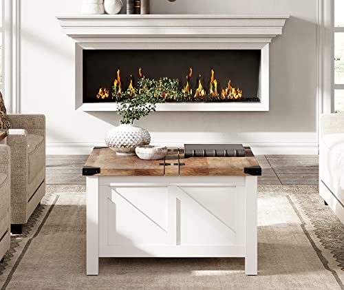 WAMPAT Modern Farmhouse Coffee Table, Square Wood Center Table with Gas Struts Lift-Top for Extra Large Hidden Storage, Metal Bracket Corner, Z-Shaped, White WAMPAT