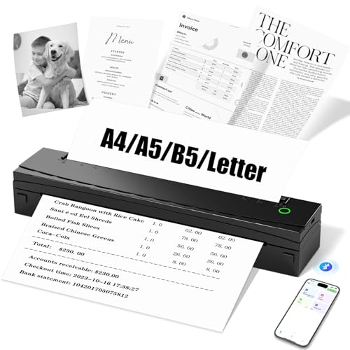 NDYIN Portable Printer Wireless for Travel, D80 Thermal Printer, Inkless Printers, Compatible with iOS, Android, Laptop, Supports 8.5" x 11" US Letter & A4 & A5 for Home Use, Office, Vehicles, Black