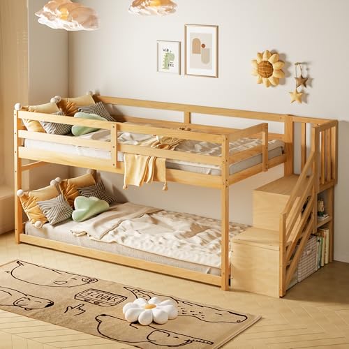 TOLEAD Low Bunk Bed Twin Over Twin, Floor Bunk Beds with Storage Staircase and Guardrails, Wooden Low Bunk Bed with Hanging Bar for Juniors, Boys, Girls, Kids, Natural Wood TOLEAD
