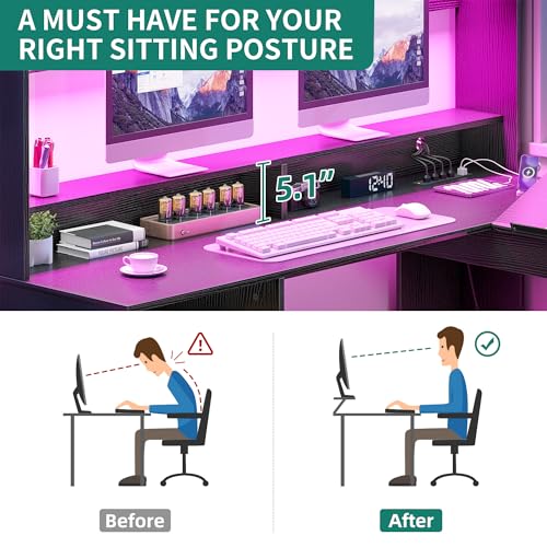 YITAHOME L Shaped Desk with Drawers & Hutch, 61" Computer Desk with Power Outlets & LED Lights, Corner Office Desk with Storage Cabinet, Drafting Table, Wood Desk, Black & Rustic Brown YITAHOME