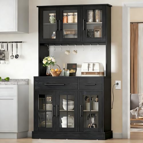 DWVO Kitchen Pantry Storage Cabinet with Microwave Stand, 71'' Tall Kitchen Hutch Cabinets with Power Outlet, Modern Food Pantry Hutch with Drawers & Shelves for Home, Pack of 1, Black DWVO