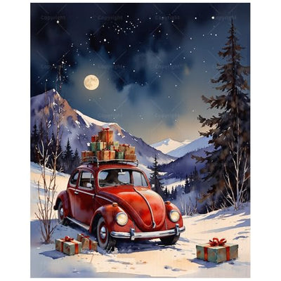 Christmas Vintage Red Car Paint by Numbers Kit for Adults - DIY Car with Presents in Snow Painting on Canvas 16x20In, Acrylic Paint Set, Suitable for Beginners, Art for Home Decoration or Gifts