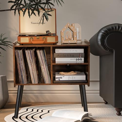 BEROXII Record Player Stand, Mid-Century Record Player Table with Storage Hold Up to 150 Albums , Vinyl Record Cabinet with Adjustable Shelves , Wood Turntable Stand for Living Room Bedroom, (Brown) BEROXII