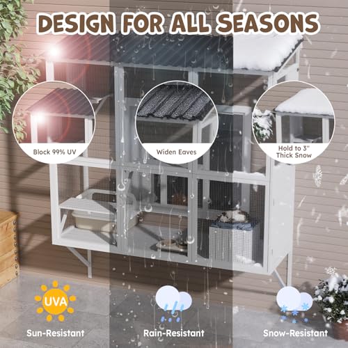 JFHID Catio Outdoor Cat Enclosure with Window Access, Large Window Catio Wood Cat House with 4 Platforms & 3 Doors for Napping & Nature Viewing – All-Weather Pet Cage for Indoor Cats, White JFHID