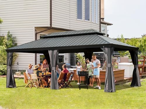 Domi 14' X 20' Hardtop Gazebo Outdoor Metal Gazebo Canopy with Galvanized Steel Double Roof, Aluminum Frame, Curtains and Netting for Patio, Deck, Garden, Grey domi outdoor living