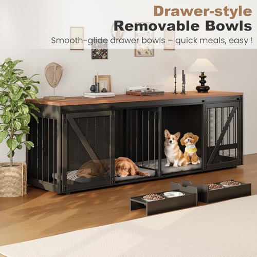 Large Dog Crate Furniture for 2 Dogs, 94.5" L Double Dog Kennel Furniture with Sliding Barn Door & Removable Bowl Drawers and Room Divide for Large & Medium Breeds MOWPEX